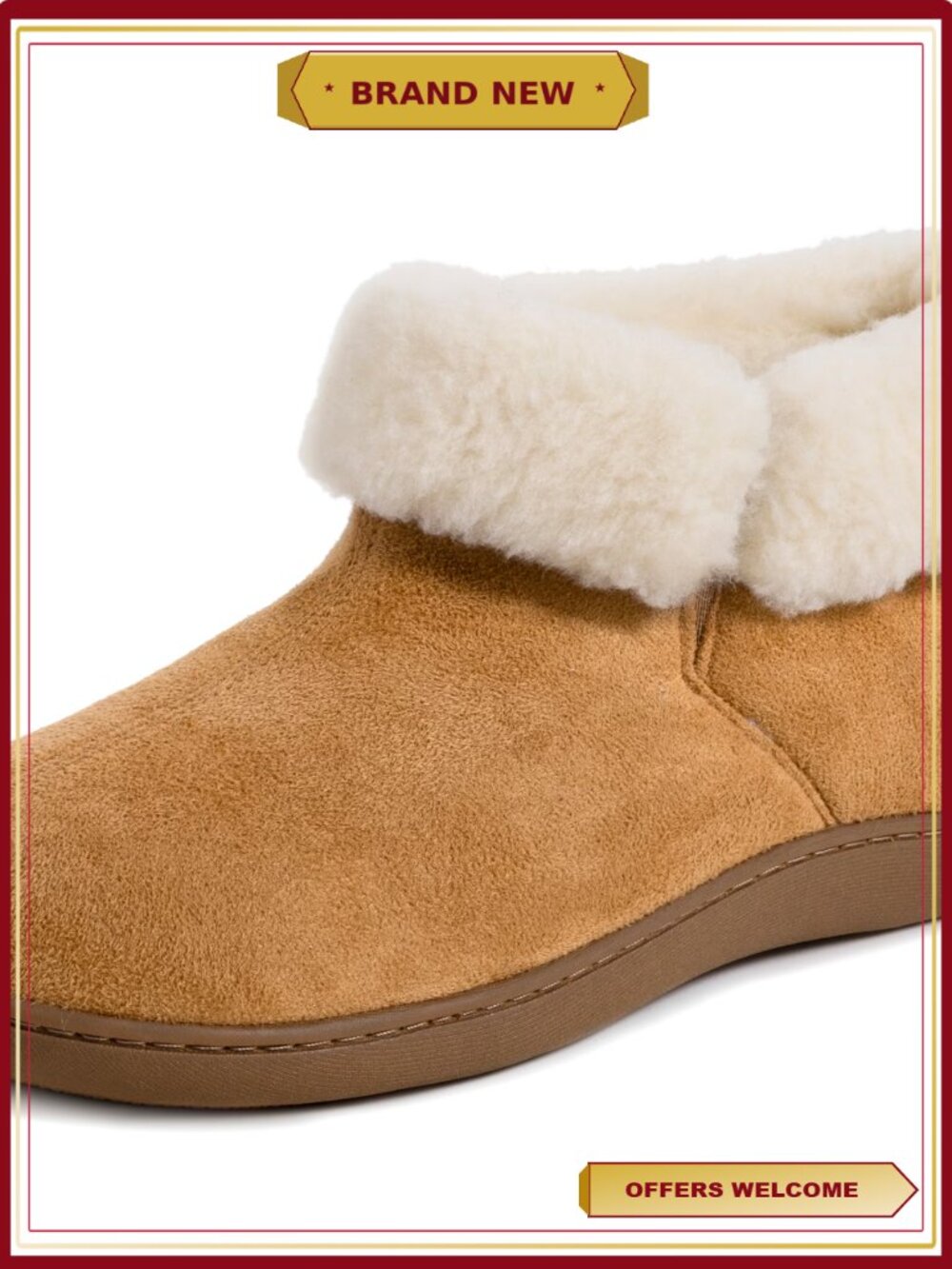 Plush Faux Fur Collar Bootie Slipper Women House Shoes Non-Slip Sole